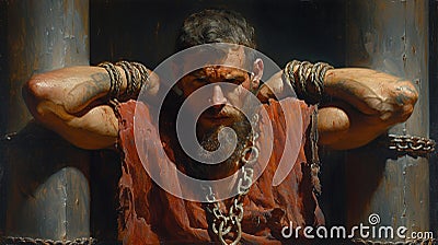 Strongest man Samson chained to the two pillars, Bible story. Generative AI Stock Photo