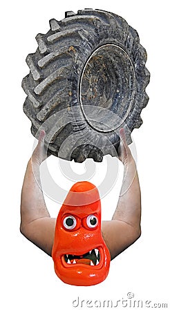 Strongman blob monster holding giant truck tyre Stock Photo