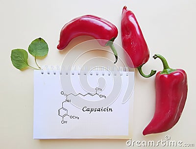 Structural chemical formula of capsaicin, a major ingredient in chili pepper. Healthy diet, nutritional concept. Stock Photo