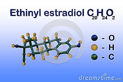 Structural chemical formula and molecular model of ethinyl estradiol, a synthetic steroid that is used in combination Cartoon Illustration