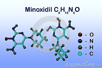 Structural chemical formula and molecular model of minoxidil, an antihypertensive vasodilator medication. It is used to Cartoon Illustration