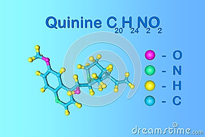 Structural chemical formula and molecular model of quinine. It is a medication used to treat malaria and babesiosis Cartoon Illustration