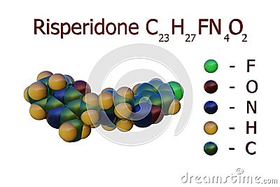 Structural chemical formula and space-filling molecular model of risperidone, an atypical antipsychotic and dopamine Cartoon Illustration