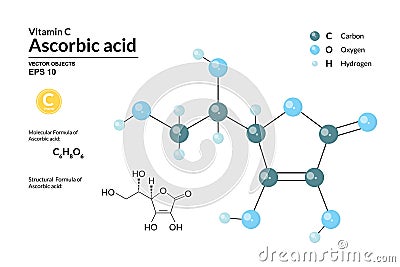 Structural chemical molecular formula and model of Ascorbic acid. Atoms are represented as spheres with color coding Vector Illustration