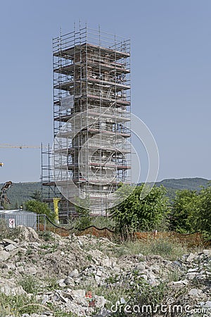 structural scaffolding on bell tower after earhquake destruction, Amatrice, Italy Editorial Stock Photo