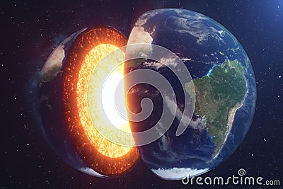 Structure core Earth. Structure layers of the earth. The structure of the earth`s crust. Earth cross section in space Stock Photo