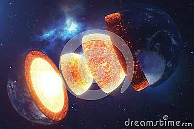 Structure core Earth. Structure layers of the earth. The structure of the earth`s crust. Earth cross section in space Stock Photo