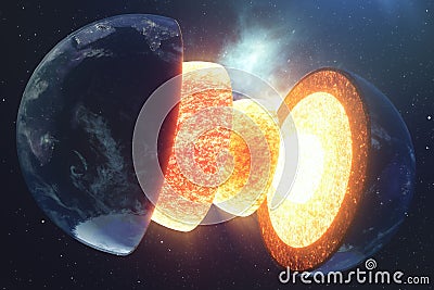 Structure core Earth. Structure layers of the earth. The structure of the earth`s crust. Earth cross section in space Stock Photo