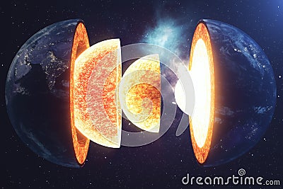 Structure core Earth. Structure layers of the earth. The structure of the earth`s crust. Earth cross section in space Stock Photo