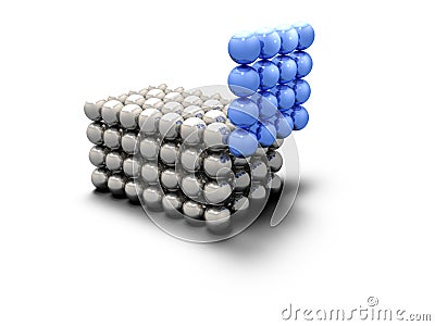 A structure in which aligned spheres are cubic. A row is sampled and slid. Abstract concept representing scientific experiment and Stock Photo