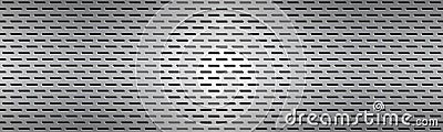 Structured silver perforated metal texture header. Aluminium grating. Abstract metallic banner Vector Illustration