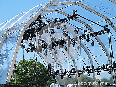 Structures of stage illumination lights equipment and projectors Editorial Stock Photo