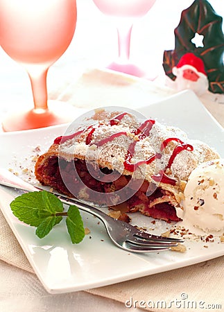 Strudel with apples and cherries Stock Photo