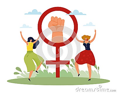 Struggle for equality. Women rights poster, freedom and independence, fist raised up in protest, female symbol. People Vector Illustration