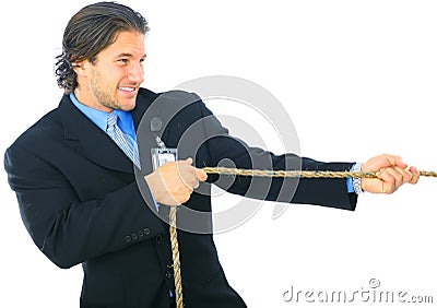 Struggle Young Man Pulling Rope Stock Photo