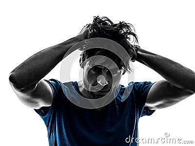 Stubble man headache hangover despair portrait silhouette Stock Photo