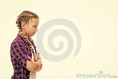 Stubborn concept. Stubborn child. Disagreement and stubbornness. Girl serious face offended. Kid looks strictly. Girl Stock Photo