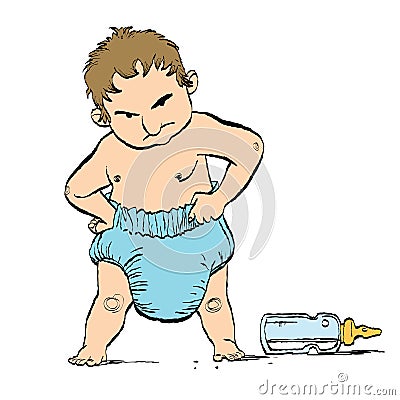 Stubborn toddler in diapers Vector Illustration