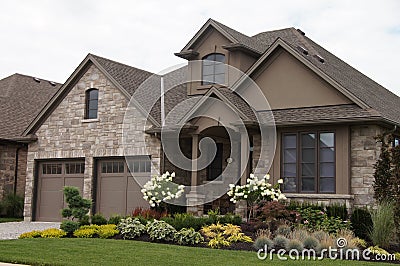 Stucco Stone House Pretty Garden Stock Photo