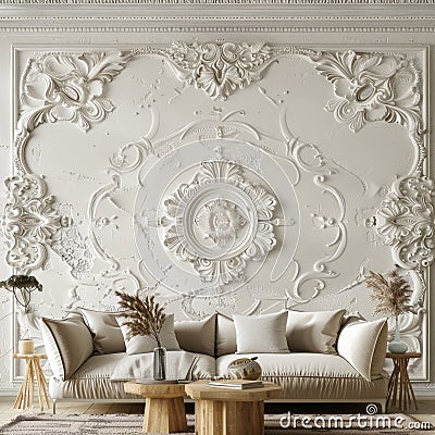 Stucco Wall Ornamentation with Classic Sofa Stock Photo