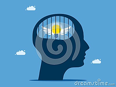Stuck in ideas or blocking creativity. The light bulb in the human head prison Vector Illustration