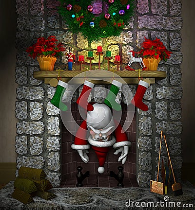 Stuck Santa in the Fireplace Cartoon Illustration