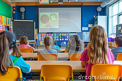 Student attending lecture in classroom learning about technology and digital skills on large projection screen Stock Photo