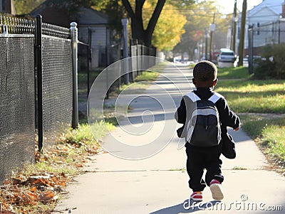 A student with a backpack and lunch bag walking to school highlighting the disparities in transportation options between Stock Photo