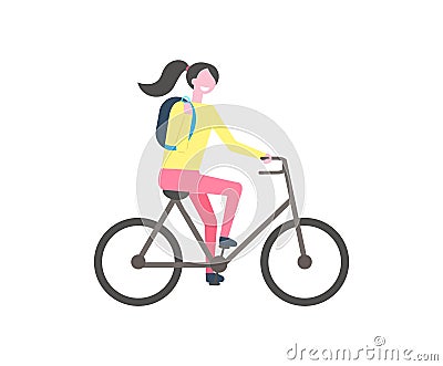 Student with Backpack Riding Bike, Vector Isolated Vector Illustration