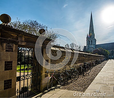 Student bicycles at Jesus College courtyard in Cambridge, Cambridgeshire, England Editorial Stock Photo
