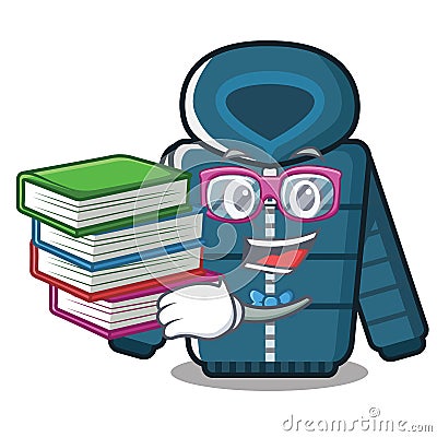 Student with book cartoon winter coat kept in closet Vector Illustration