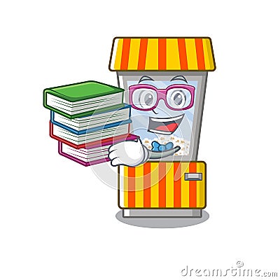 Student with book popcorn vending machine in mascot shape Vector Illustration