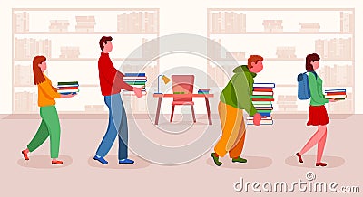 Student with book stack queue at library Vector Illustration