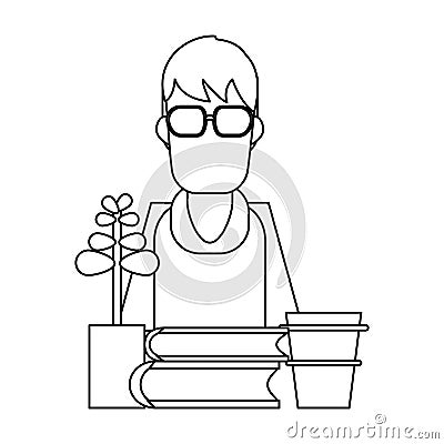 Student books coffee and bonsai black and white Vector Illustration