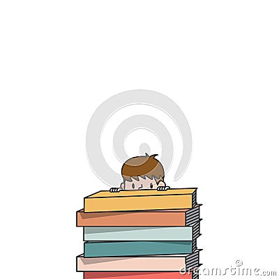 The student boy is climbing and hidden behind the stack book illustration vector on white background. Education and study concept Vector Illustration