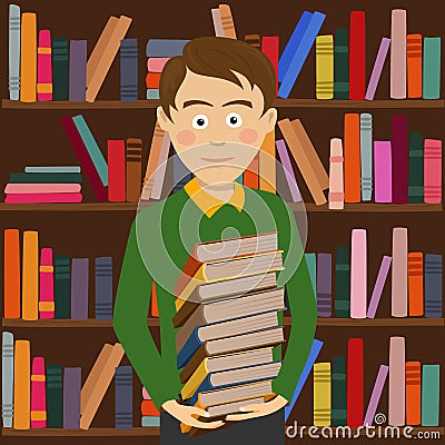 Student boy holds stack of books standing against bookshelf in library Vector Illustration