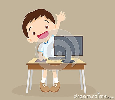 Student boy learning computer hand up Vector Illustration