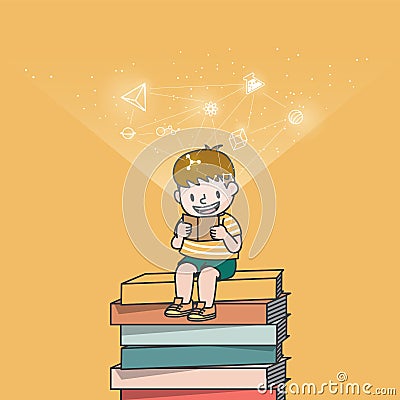 The student boy is sitting on the stack books while he is reading and smiling and icons refer to knowledge and learning Vector Illustration