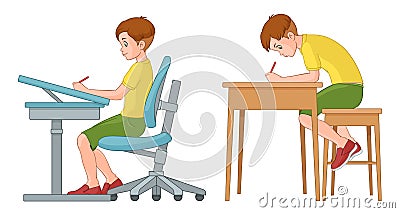 Student boy writing. Incorrect and correct back sitting position. Vector Illustration