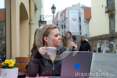 The student in cafe street in old city Stock Photo