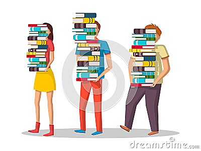 Student characters with stacks of books Vector Illustration