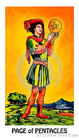 Page of Pentacles Tarot Card Seeking/Thinking Success Abundance Excellent Prospects High Achiever Aiming High Ambitious Seek Stock Photo