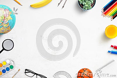 Student desk composition with copy space in the middle for promo text Stock Photo