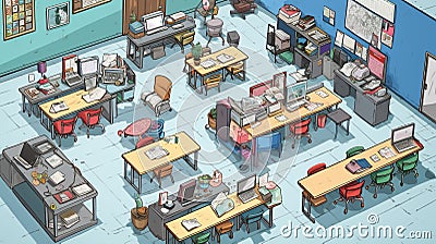 Student desk in a large classroom ready for back to school Stock Photo