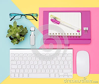 Student Desk Working Space Flat Lay. Top view photo of workspace with keyboard, notepad and succulent plant. Stock Photo