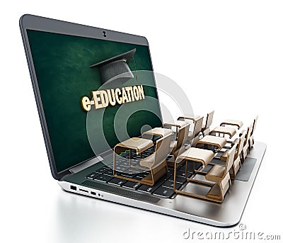 Student desks on laptop computer keyboard. 3D illustration Cartoon Illustration