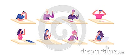 Student at desks. Young boy girl sitting desk pupil teenagers at tables preparation school test college examination Vector Illustration