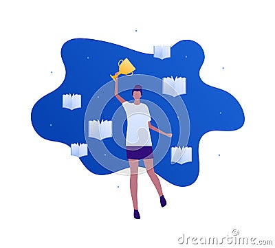 Student education and success emotion concept. Vector flat illustration. Happy hispanic young adult woman hold cup trophy award Vector Illustration