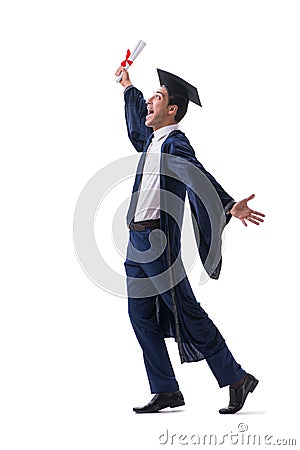 The student excited at his graduation isolated on white Stock Photo