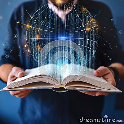 Student exploring physics theories on planetary gravity while examining an open book illuminated by digital patterns Stock Photo